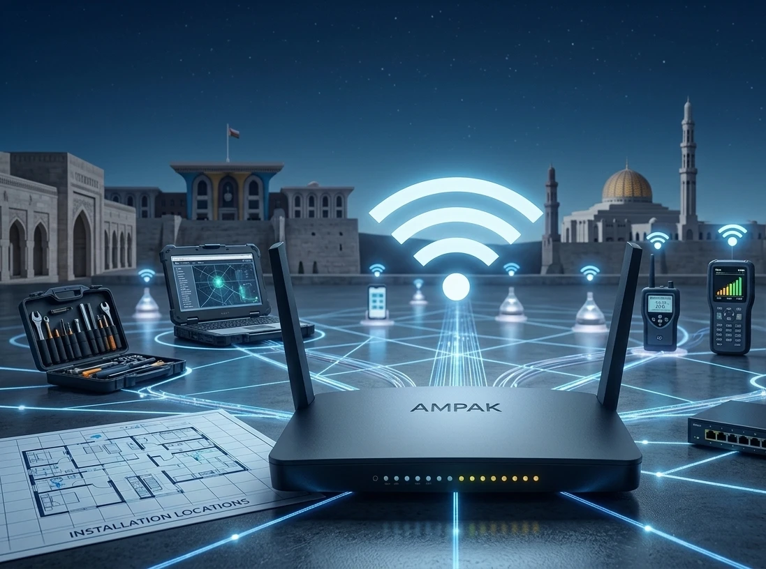 Technician installing WiFi access point in Muscat office